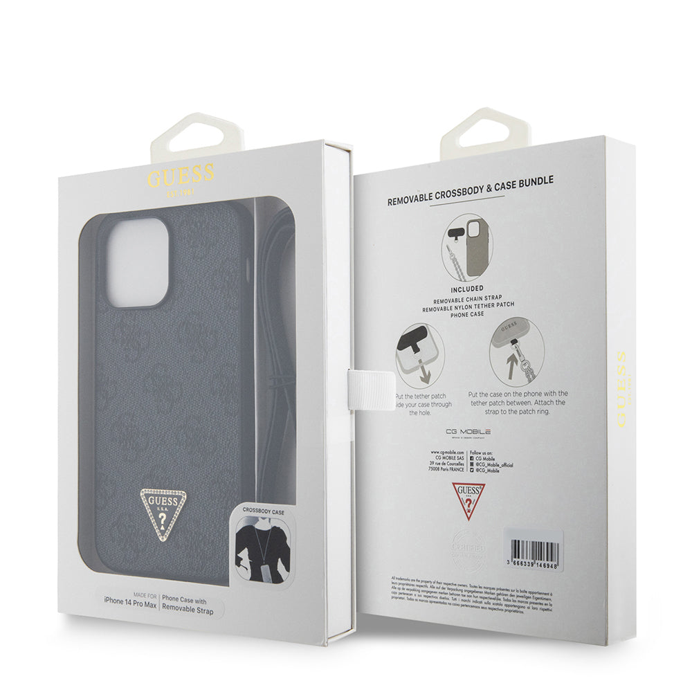 Guess iPhone 14 Pro Max Orjinal Lisanslı PU Deri Taşlı Metal Üçgen Logolu Çapraz Vücut Askılı 4G Desenli Kılıf Guess iPhone 14 Pro Max Orjinal Lisanslı PU Deri Taşlı Metal Üçgen Logolu Çapraz Vücut Askılı 4G Desenli Kılıf